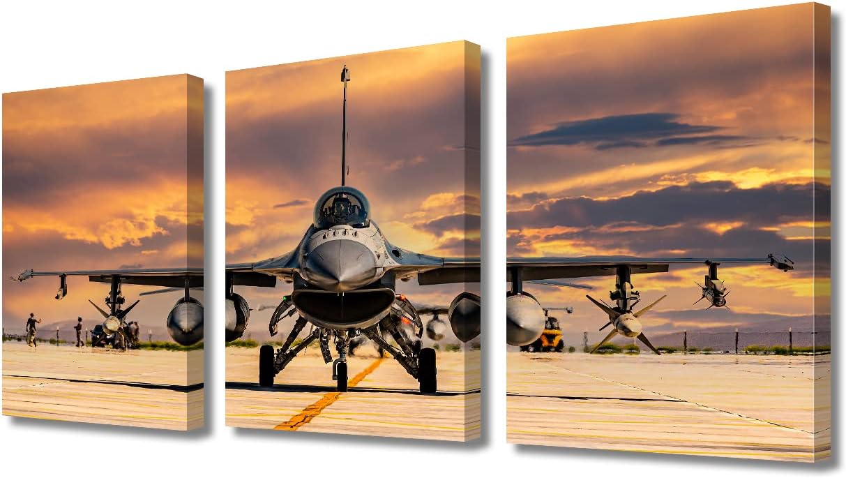 TUMOVO F16 Fighter Jet Canvas Wall Art Military Aircraft Wall Art for Living Room Vintage Pictures for Bedroom Modern Home Decor Office Bathroom Decorations Artwork Framed Ready to Hang, 42" Wx20 H