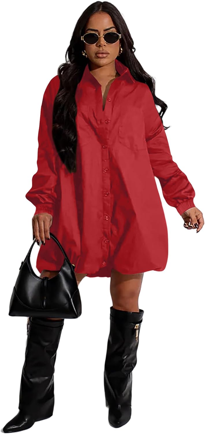 Women's Button-Down Shirt Dress Loose A-Line Midi Shift Long Sleeve Puffy Dresses