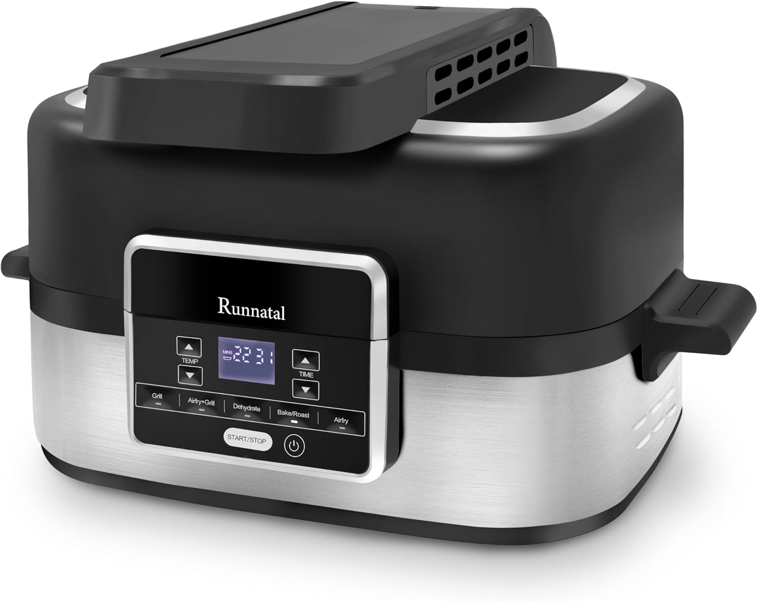 Runnatal 5-in-1 Smokeless Electric Indoor Grill with Air Fry, Roast, Bake & Dehydrate, Air Fryer, Black/Silver