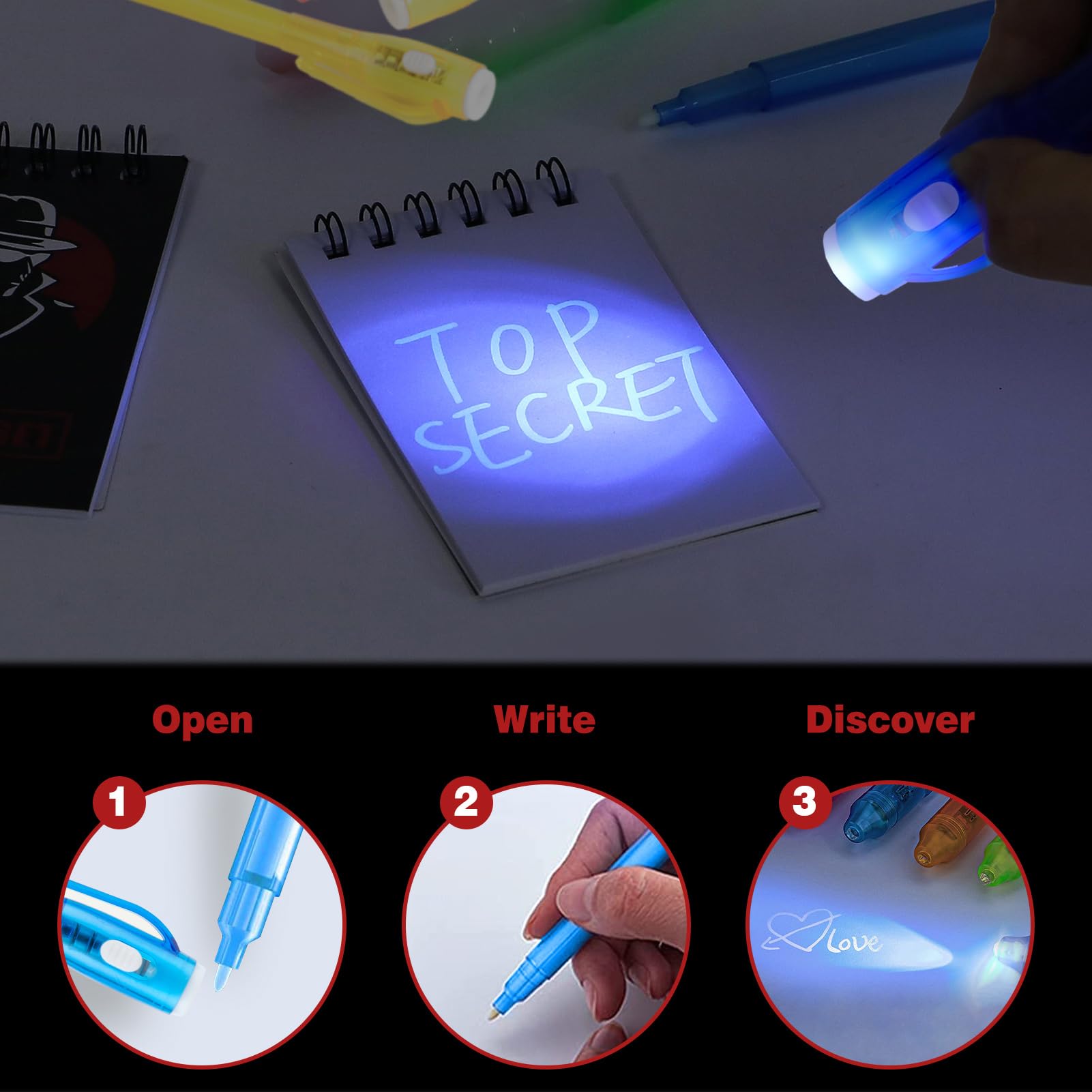 Detective Gadget Compleanno Bambini con Penna invisibile e Taccuino, Carte D'identità Detective, Lente D'Ingrandimento,Tamponi per Impronte Digitali, Kit Spionaggio Gioco Detective per Bambini