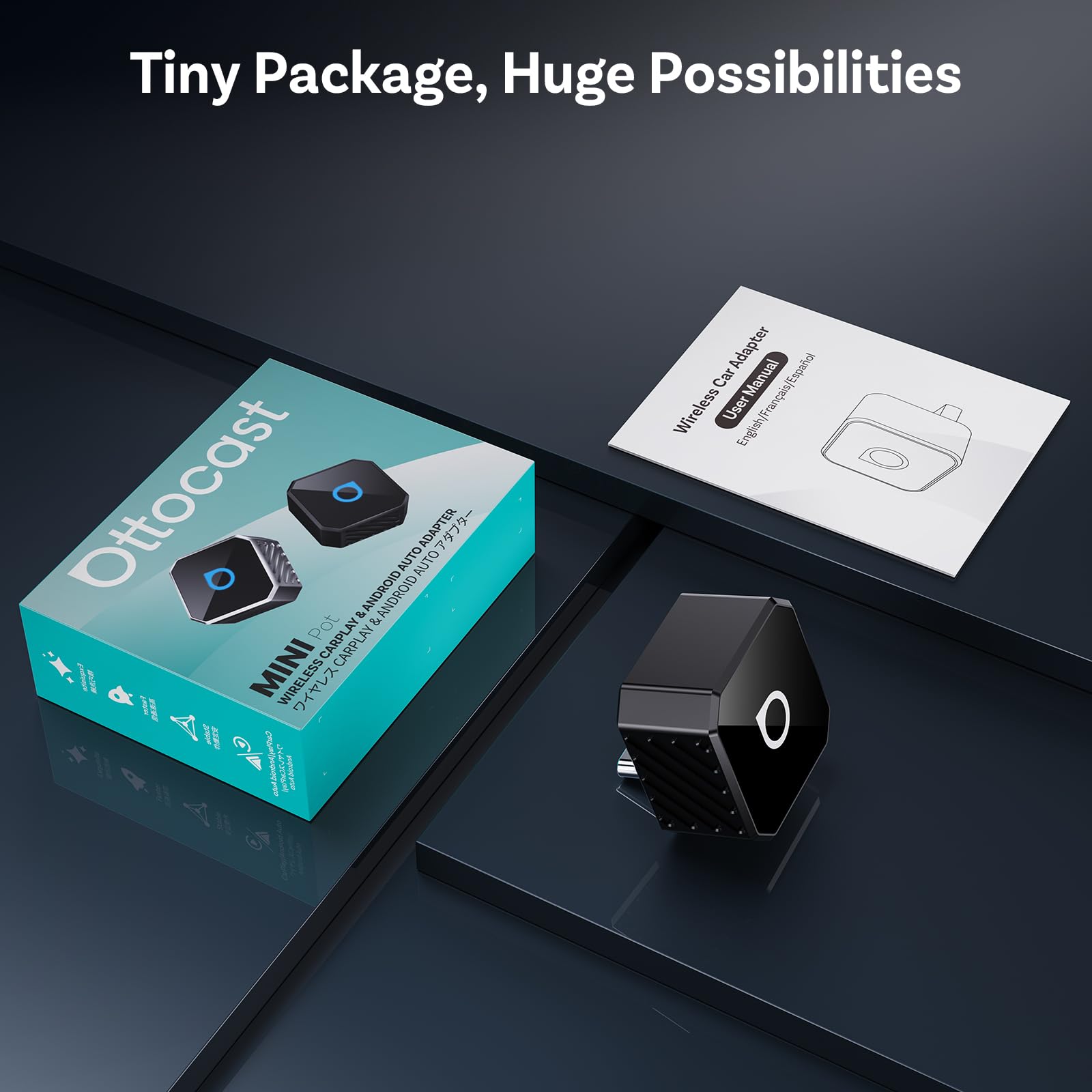 OTTOCAST Mini Pot 2026 Typ-C, 2 w 1 CarPlay i Android Auto Wireless adapter do iOS 10+/Android 11+, Plug & Play, aktualizacja OTA, konwertuje przewodowy na bezprzewodowy, czarny