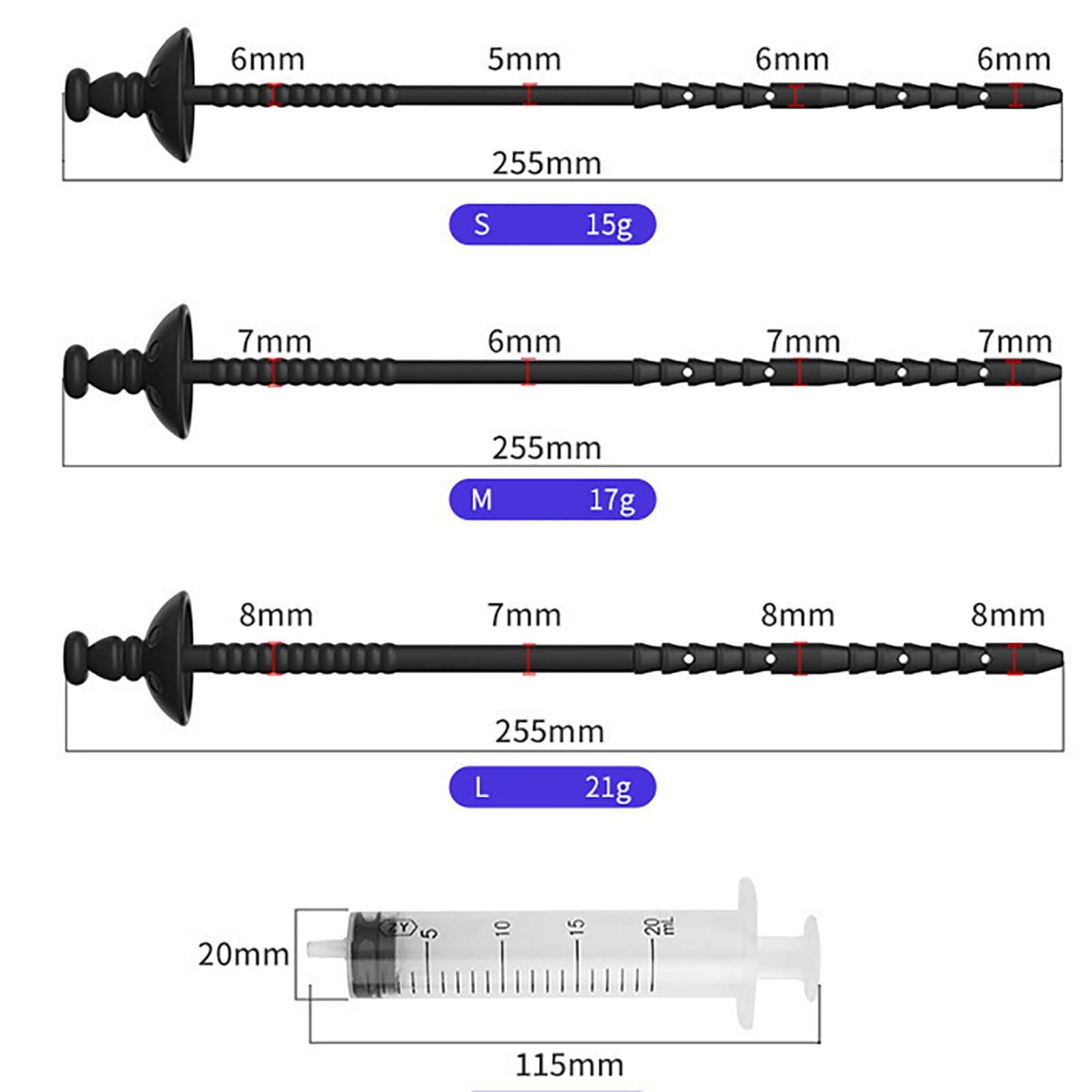 Asta vibrante liscia in 3 misure con siringa, speciale allungamento maschile per una minzione facile, set di allenamento speciale per uomini -D28IT (3 sizes combination)