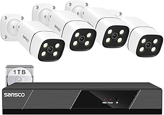 SANSCO PoE CCTV Camera System with Audio, 8 Channel 4K NVR and (4) 8MP Security Bullet IP Cameras, 1TB Hard Drive Disk (3840 X 2160, AI Human/Face Detection, Power over Ethernet, Built-in Mic)