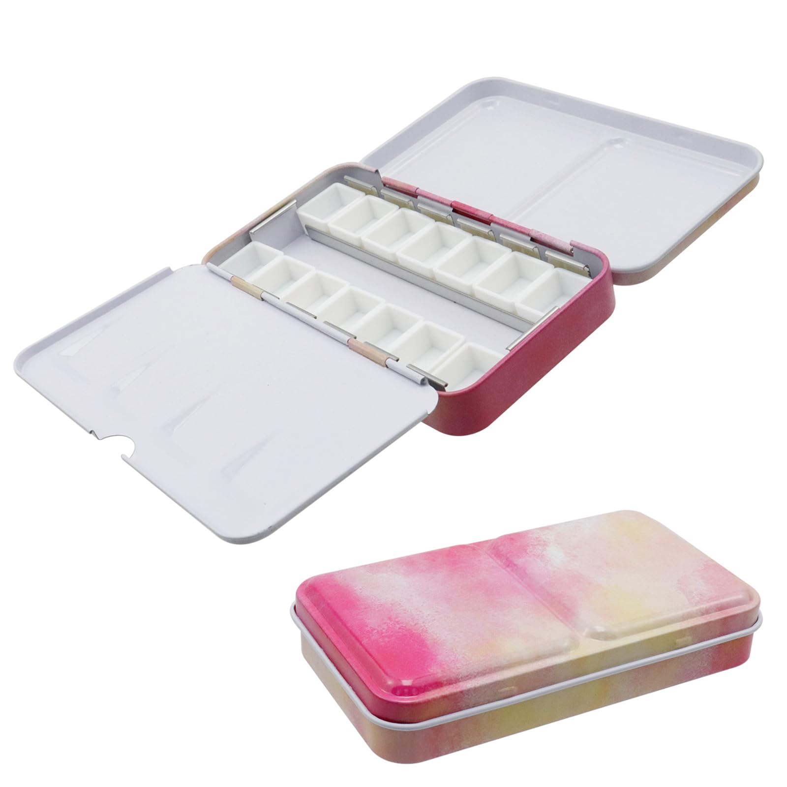 Bitray Palette d'aquarelle vide en métal avec couvercle - Petit plateau rose avec 14 bacs vides pour artistes, artisans et amateurs de peinture