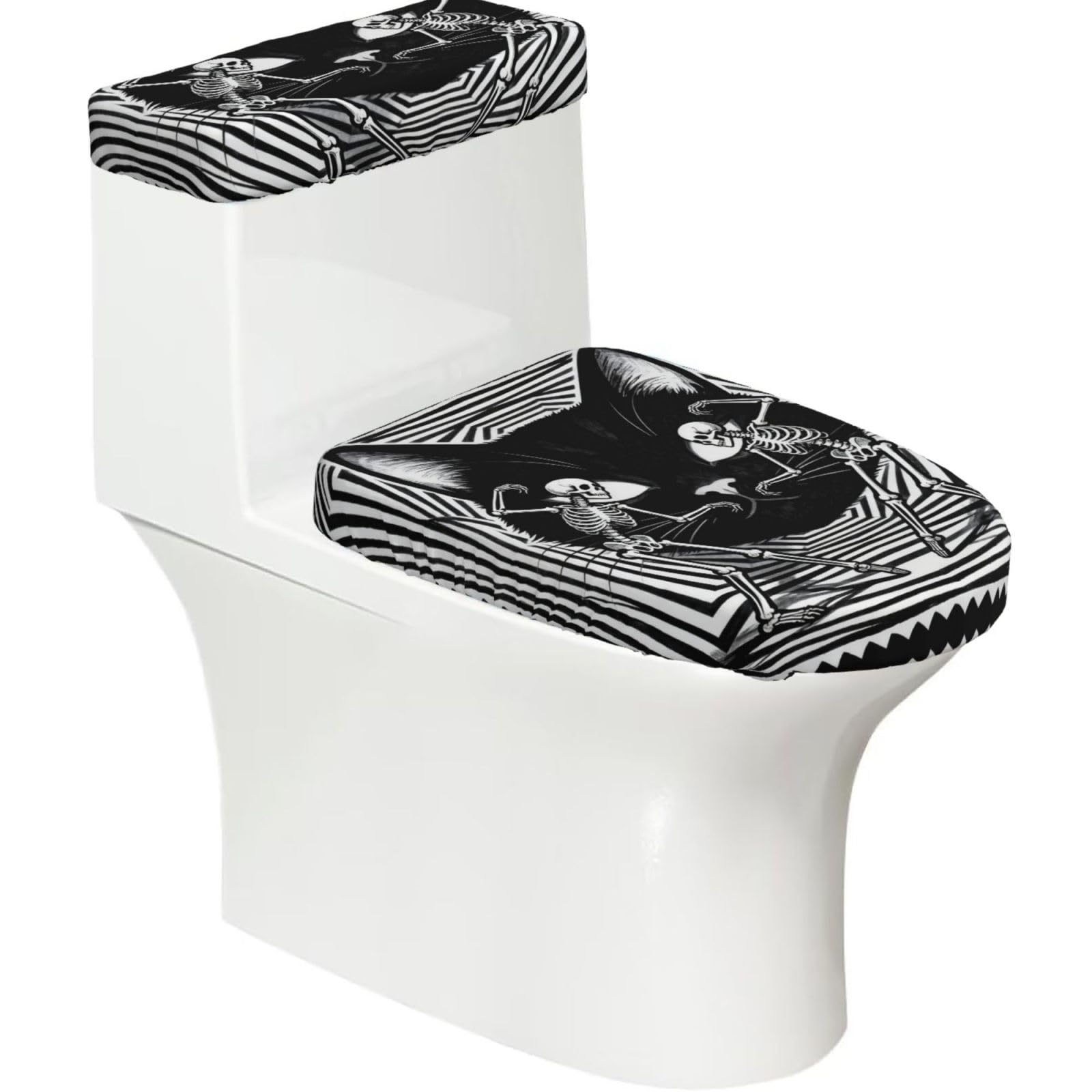 Illusion Painting Elastic Toilet Cover Set of 2-Stretchy Lid and Tank Covers for Bathroom, Soft Washable U Shape Toilet Decor