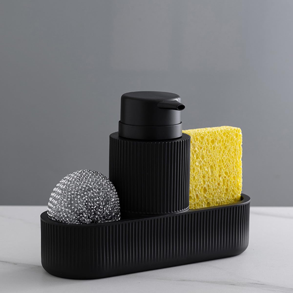 Dispenser di Sapone e Porta Spugna per Lavello Cucina Set Completo Erogatore a Pompa Nero Controllo senza Sforzo per Detersivo Piatti Organizzatore Lavaggio a Mano
