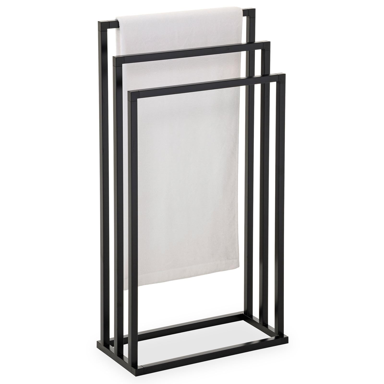 Handtuchhalter KUNO, schwarz lackiert - freistehender Badetuchhalter mit 3 Stangen, Handtuchständer aus Metall