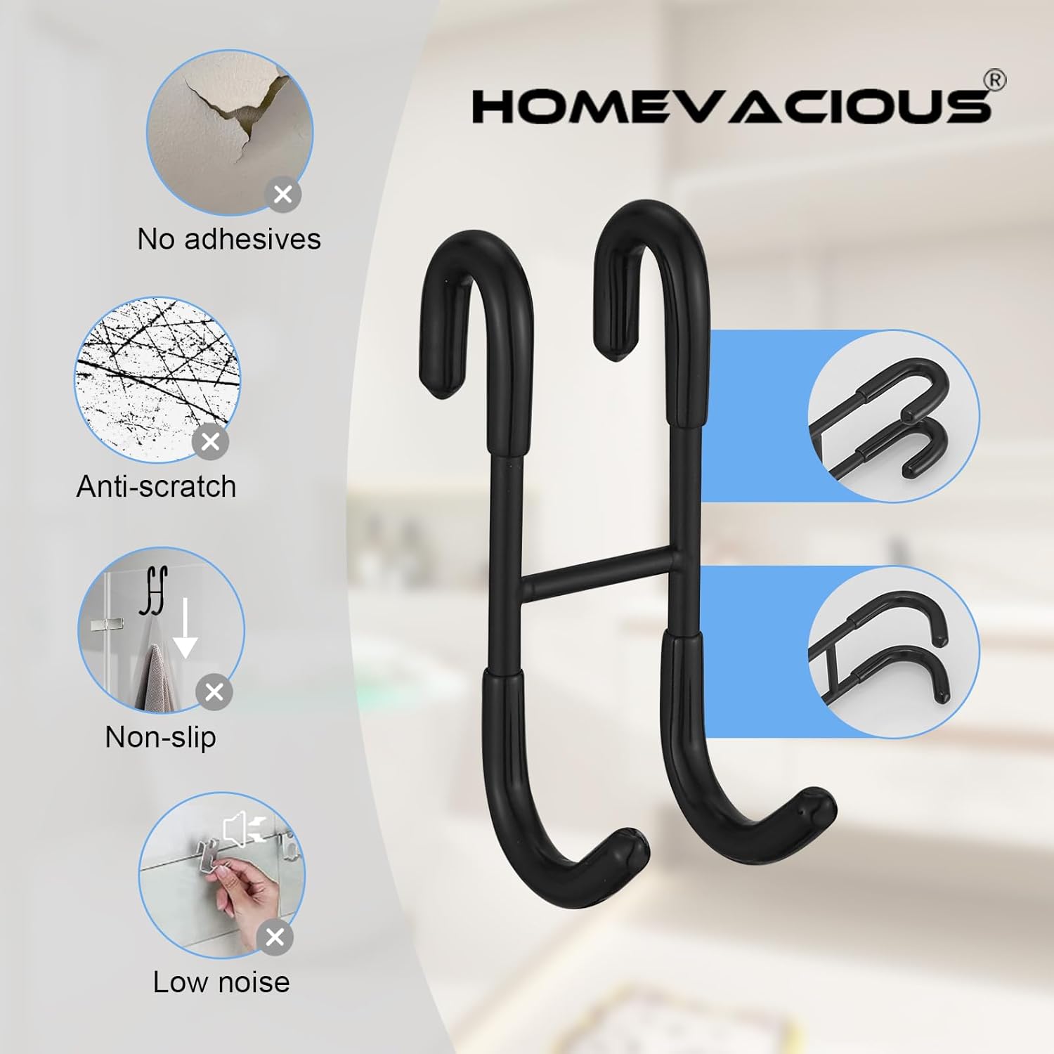 Homevacious 2 Pack Shower Door Hooks Towel Hooks for Bathroom Frameless Glass Shower Door SUS 304 Stainless Steel Drilling-Free Hanger Shower Hooks- Matte Black
