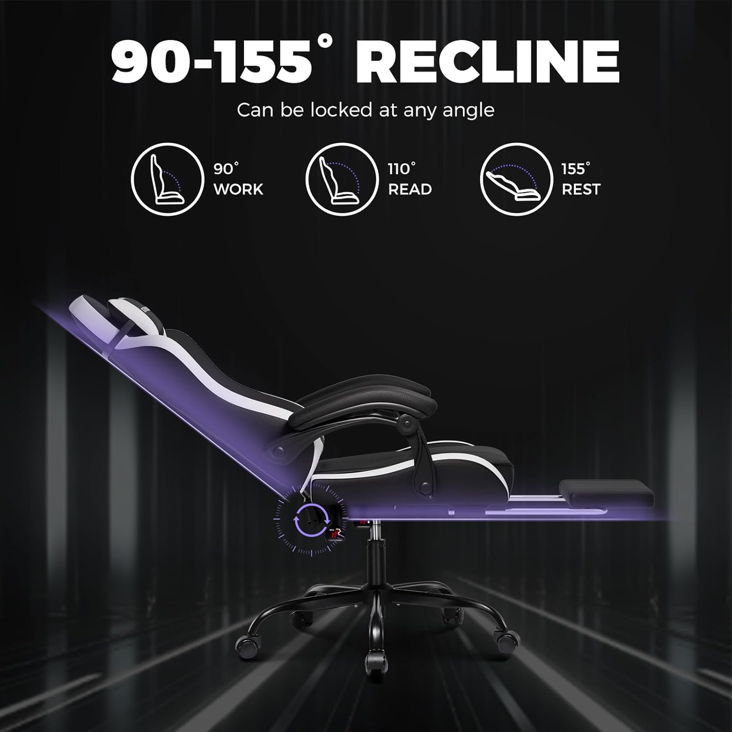 GTPLAYER Gaming Chair for Adults, Ergonomic Computer Gaming Chair with Footrest, Height Adjustable, 90-155° Recline & Removable Headrest Lumbar Support, White - Image 4