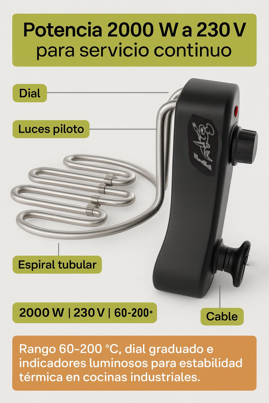 Resistencia Freidora Cabezal Derecho F5+ P 907002 Compatible con Movilfrit Profesional 230V 2000W Termostato 60 200 °C Hotelería Cocina Industrial Repuesto Técnico Rápido Seguro