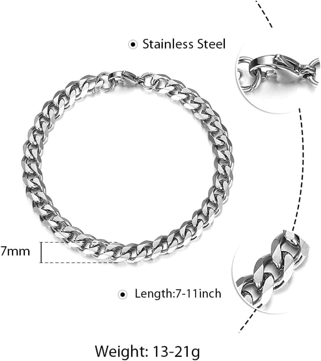 Stainless Steel Bracelet, Solid Cuban Link Curb Chain Bracelet, Silver Gold Black Color, Men Women Jewelry Gift 7-10" Options