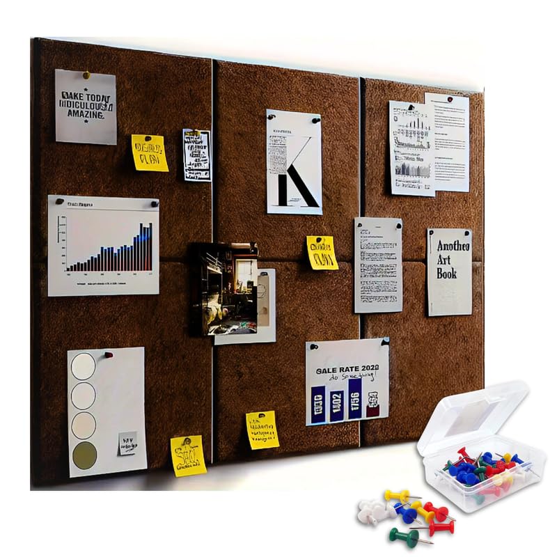 Image of Royalkart 6Pcs Rectangular Felt Bulletin Board Tiles for Wall - Brown Self-Stick Notice Board with 30 Push Pins | Pin Board for Office, Study, Home Decor, Kids Room (30x21cm)