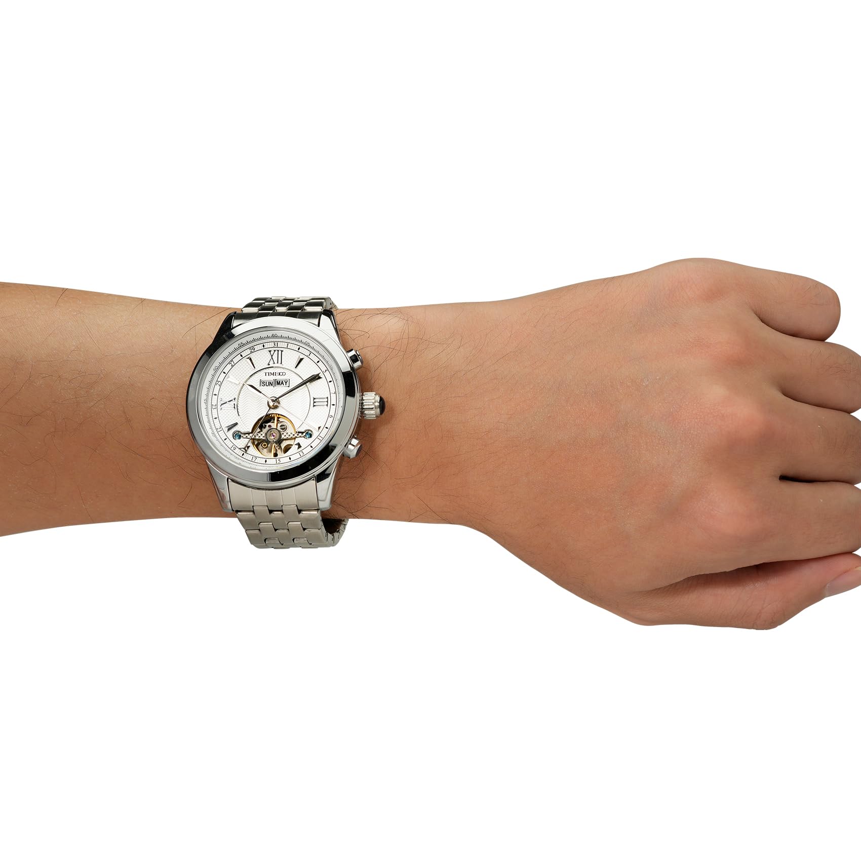 TIME100 Relojes Automáticos Mecánicos para Hombre con Diseño Skeleton, Correa de Acero o Cuero, Calendario Multifunción y Resistencia al Agua