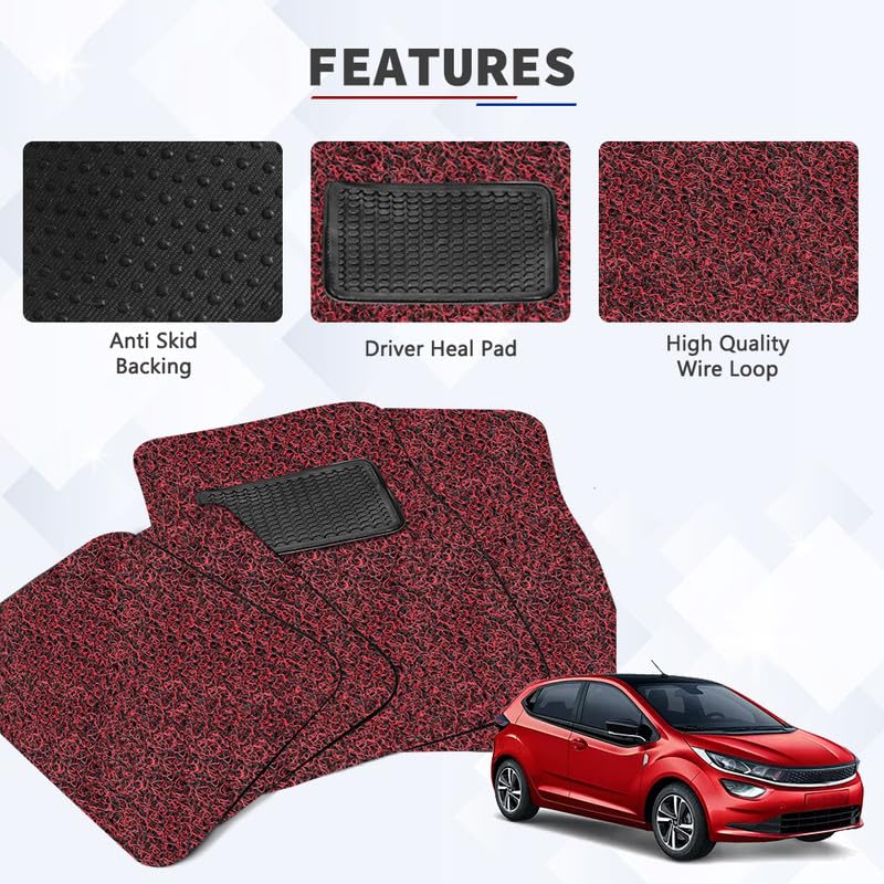 Image of Universal Fit Car Mats for All Cars, Premium Curly Vinyl Rubber Noodle Grass Foot Mat, Stylish 5 Pcs Anti-Skid Curly Car Floor Mats, Dust & Liquid Trapping Built for Comfort (Black Red)