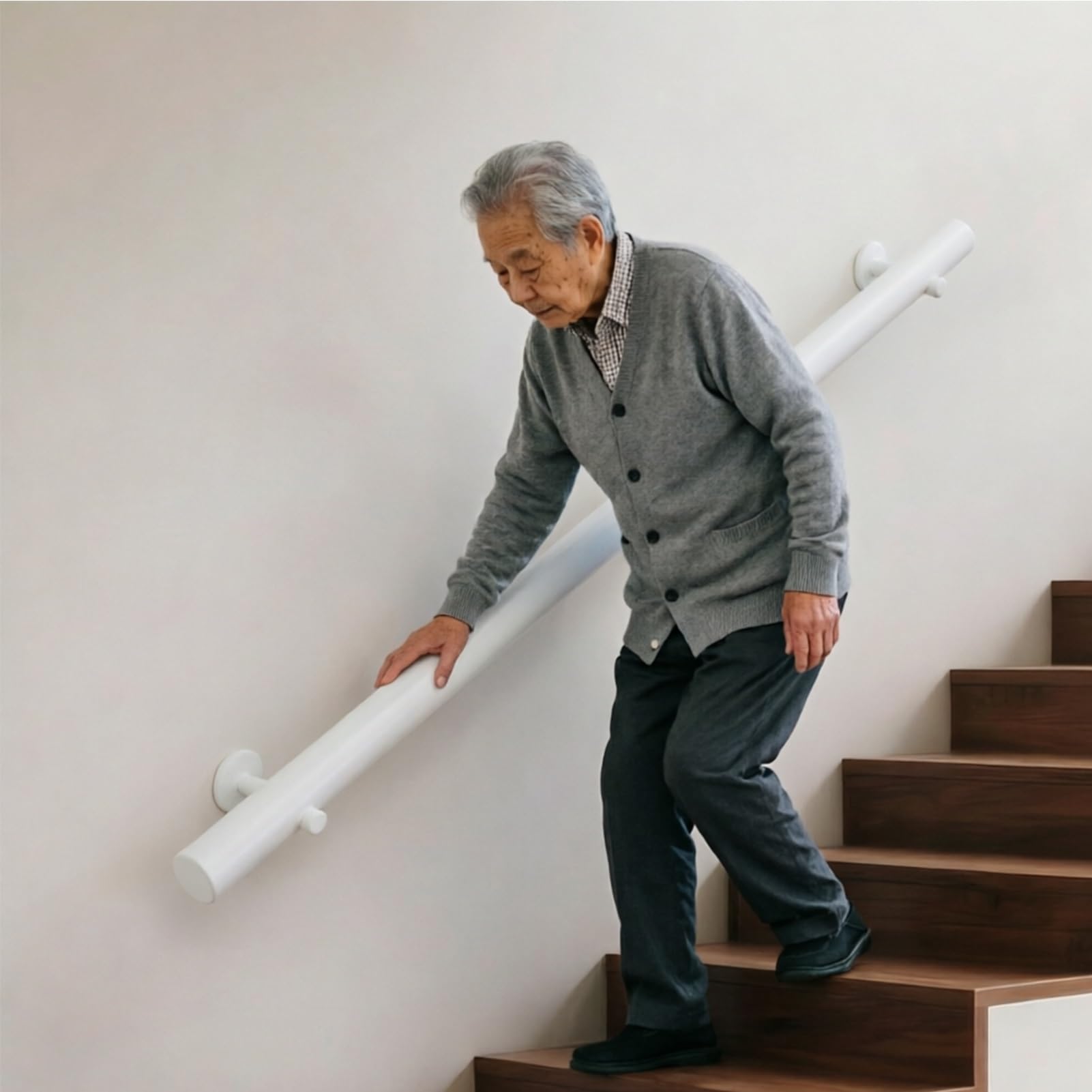 DMCHENGMA White Round Wall Mounted Wooden Handrail for Stairs - Non-Slip Safety Grab Bar for Elderly & Kids(3.6ft/110cm)
