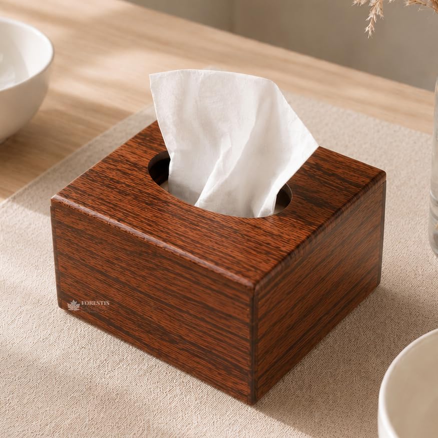Image of Wooden Tissue Box| Rosewood Napkin Box| Tissue Holder Organizer for Table, Home, Office, Car| Square Facial Paper Cloth Storage Case| Dispenser (6X6 Inches, Ambrin)