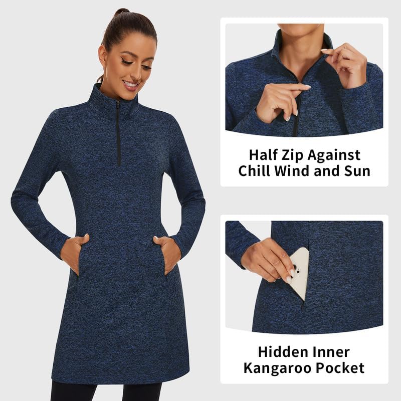 WOWENY Women's Fleece Dress Thermal Sweatshirt Tunic Dress Long Quarter Zip Pullover Polar Winter Dress with Pocket - Image 2