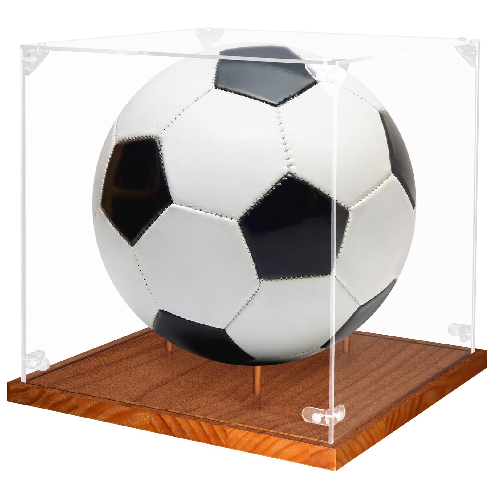 Clear Acrylic Soccer Display Case with Wood Base &amp; Tee, Memorabilia Stand Cube Holder, Dust Protection Transparent Storage Box for Single Ball Souvenir Soccer Ball Collections