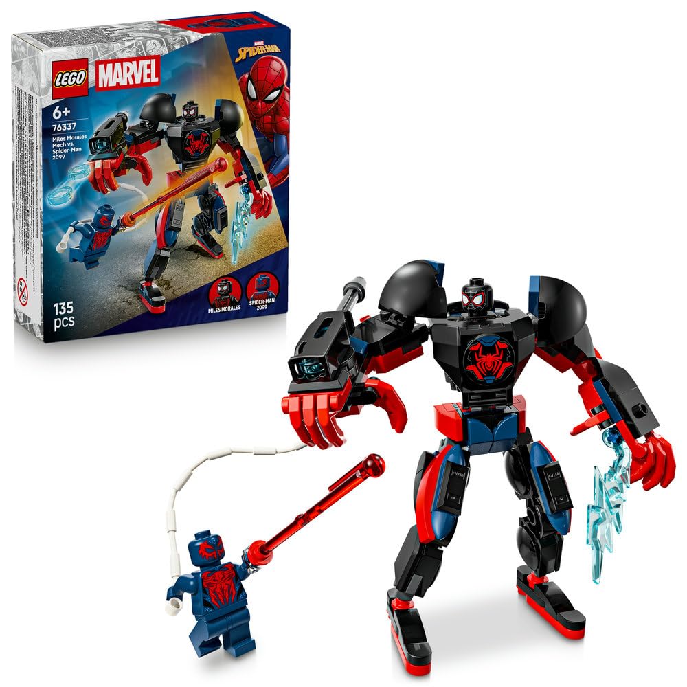 LEGO | Marvel Miles Morales kontra Spider-Man 2099 76337 | Ruchomy robot, zabawka dla 6-latka, prezent dla fana Spider-Mana, zestaw klocków dla chłopca i dziewczynki, 135 elementów