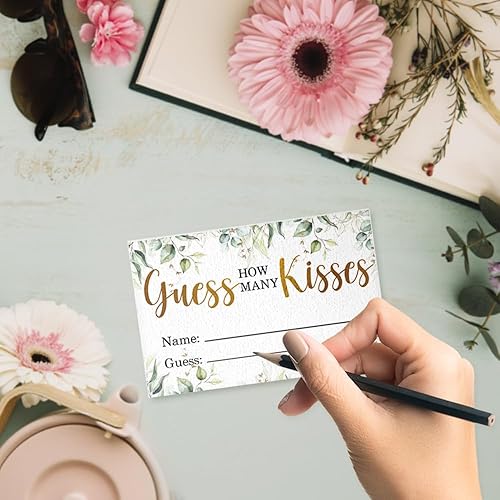 Miniatura 3 de How Many Kisses - Juego de tarjetas de sorteo para fiesta de despedida de soltera (1 letrero de pie y 50 tarjetas de adivinanzas), tarjetas de juego