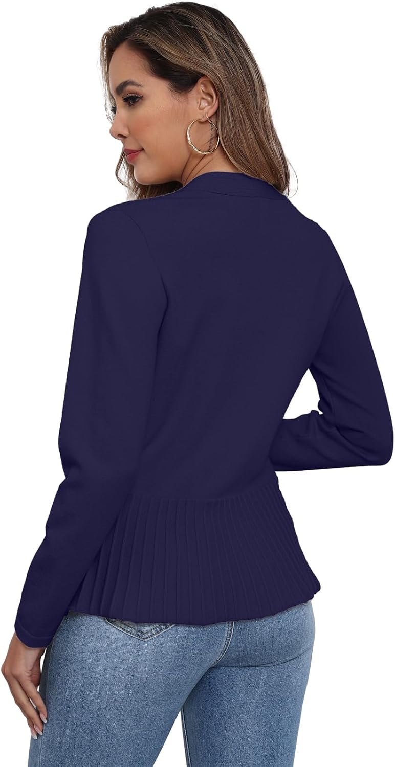 GRECERELLE Women Lightweight Casual Long Sleeves Cropped Cardigan Open Front Peplum Knit Sweater Outwear - Image 6