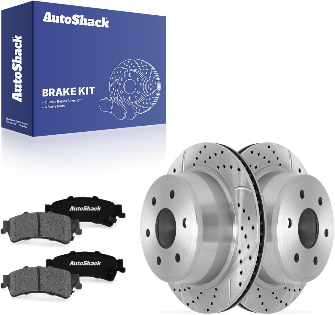 AutoShack Rear Brake Rotors & Ceramic Pads for Chevrolet, Silverado 1500 1999-2006 - Silver Zinc Coated Drilled & Slotted - SilverShield Pro - 12.8" (325 mm), 6-Lug