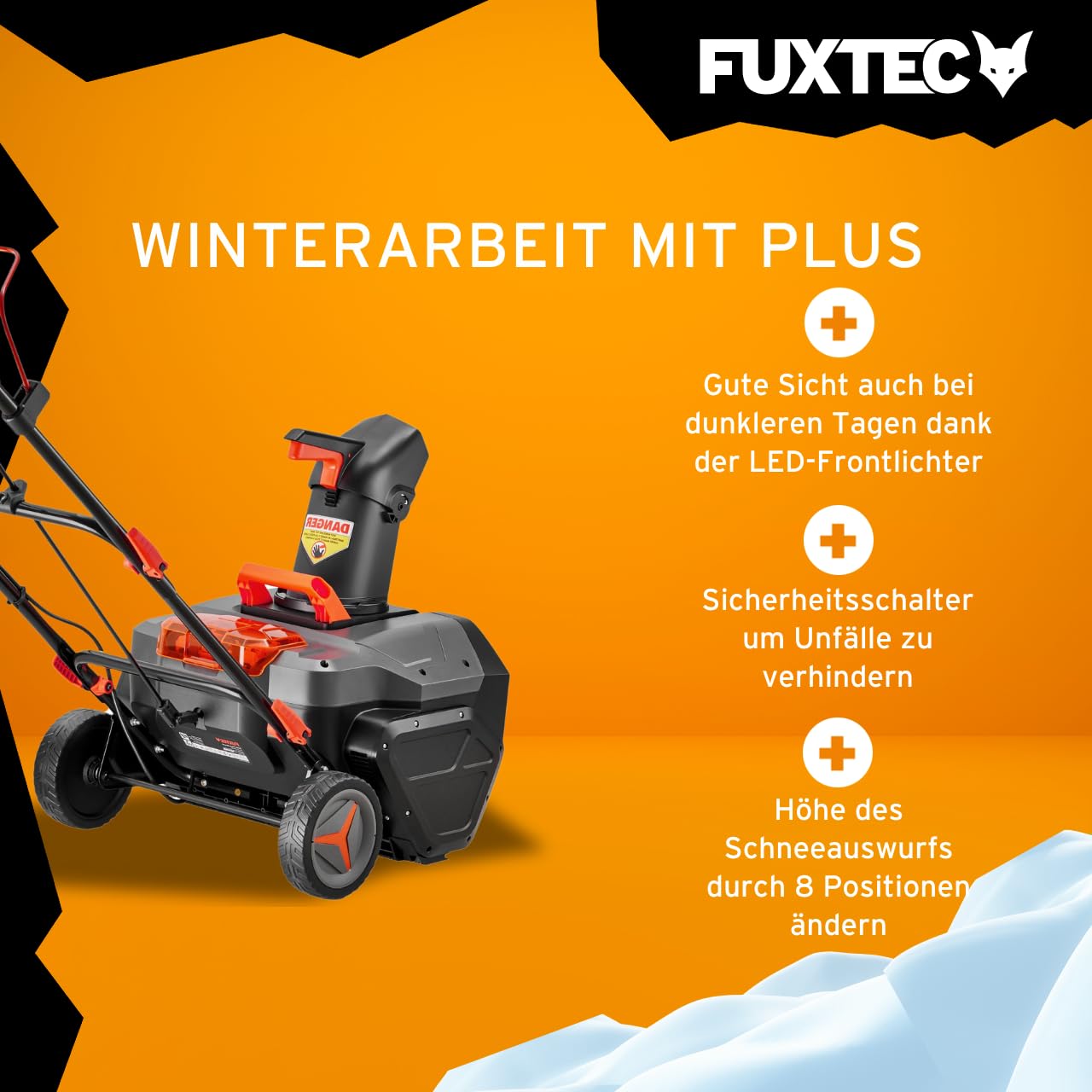 Fuxtec 40V Akku Schneefräse FX-E2SFSET, kabelloser Schneeräumer inkl. Akku + Ladegerät, 51 cm Arbeitsbreite, 6 m Wurfweite, Li-Ion Akku, LED-Frontlichter, leicht und wendig