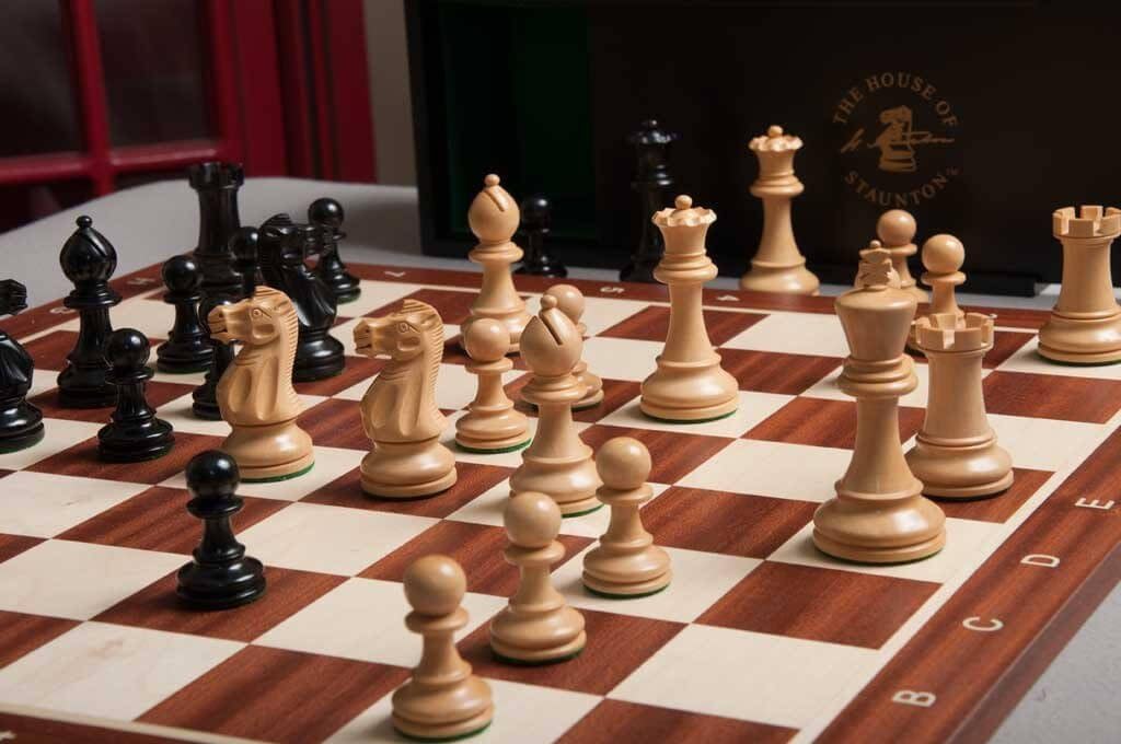 The House of Staunton The Grandmaster Chess Set, Box, and Board Combination - Ebonized Boxwood
