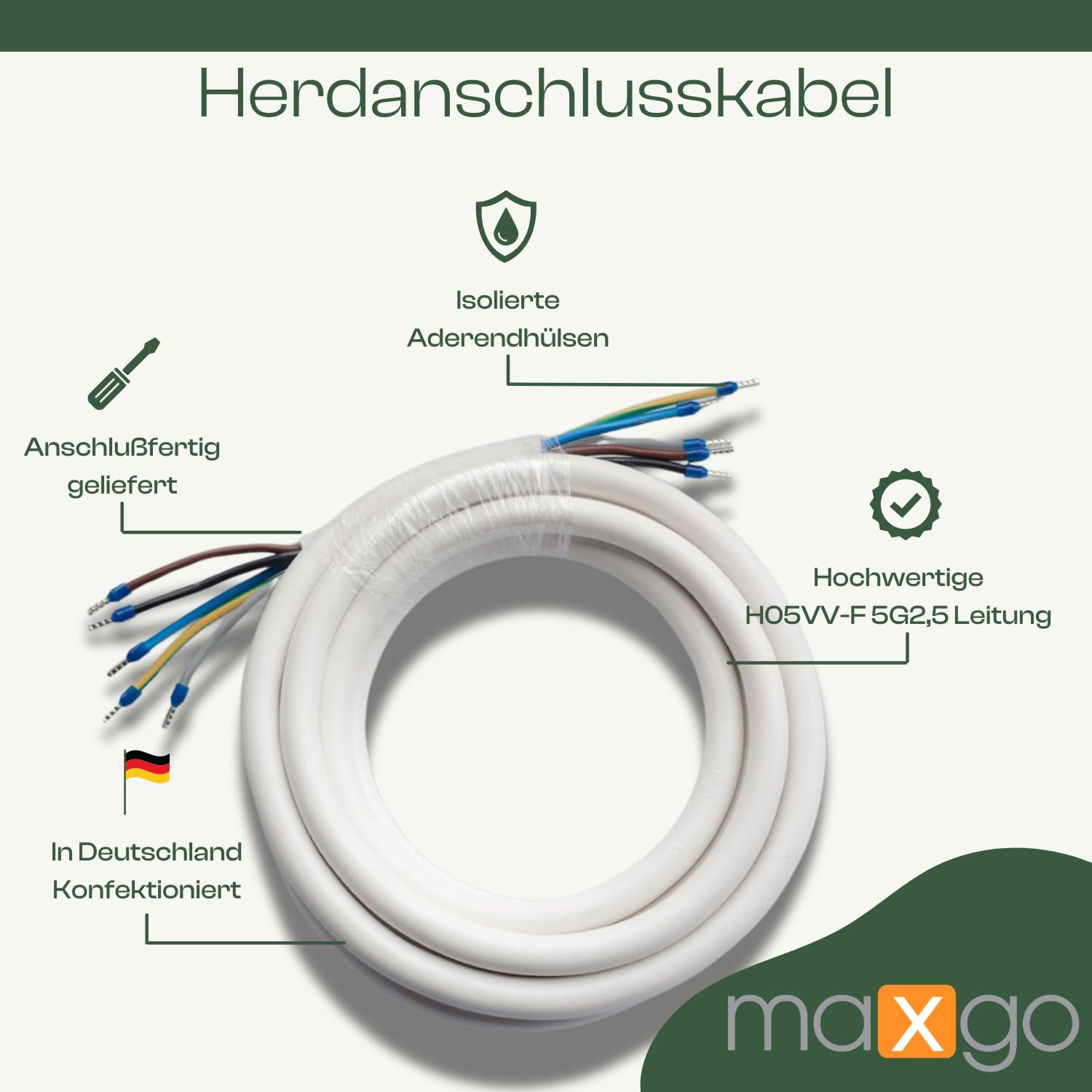 Herdanschlusskabel Anschlusskabel Herd Stromkabel Kunststoffmantelleitung H05VV-F 5X2,5mm² Starkstrom mit Herdanschlussdose flexibel Backofen Geräte weiß 11m