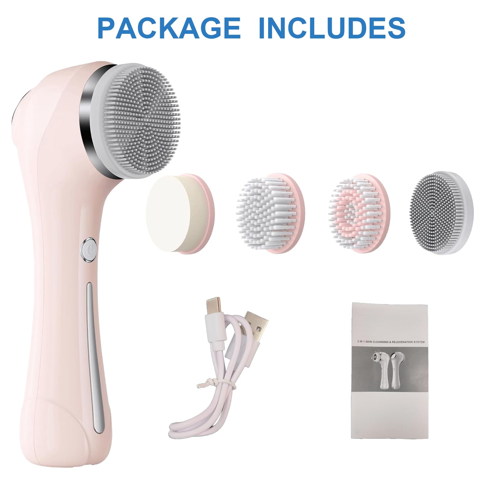 Cepillo de limpieza facial, 2 en 1, resistente al agua, IPx7, con 4 cabezales de cepillo, cepillo facial exfoliante recargable, limpieza profunda, exfolia suavemente y elimina puntos negros, rosa