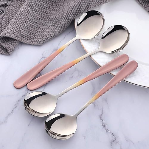 Miniatura 6 de Buyer Star Juego de cucharas de caldo, cucharas de sopa redondas de 7 pulgadas, cucharas de cena de mesa con acabado de acero inoxidable (dorado