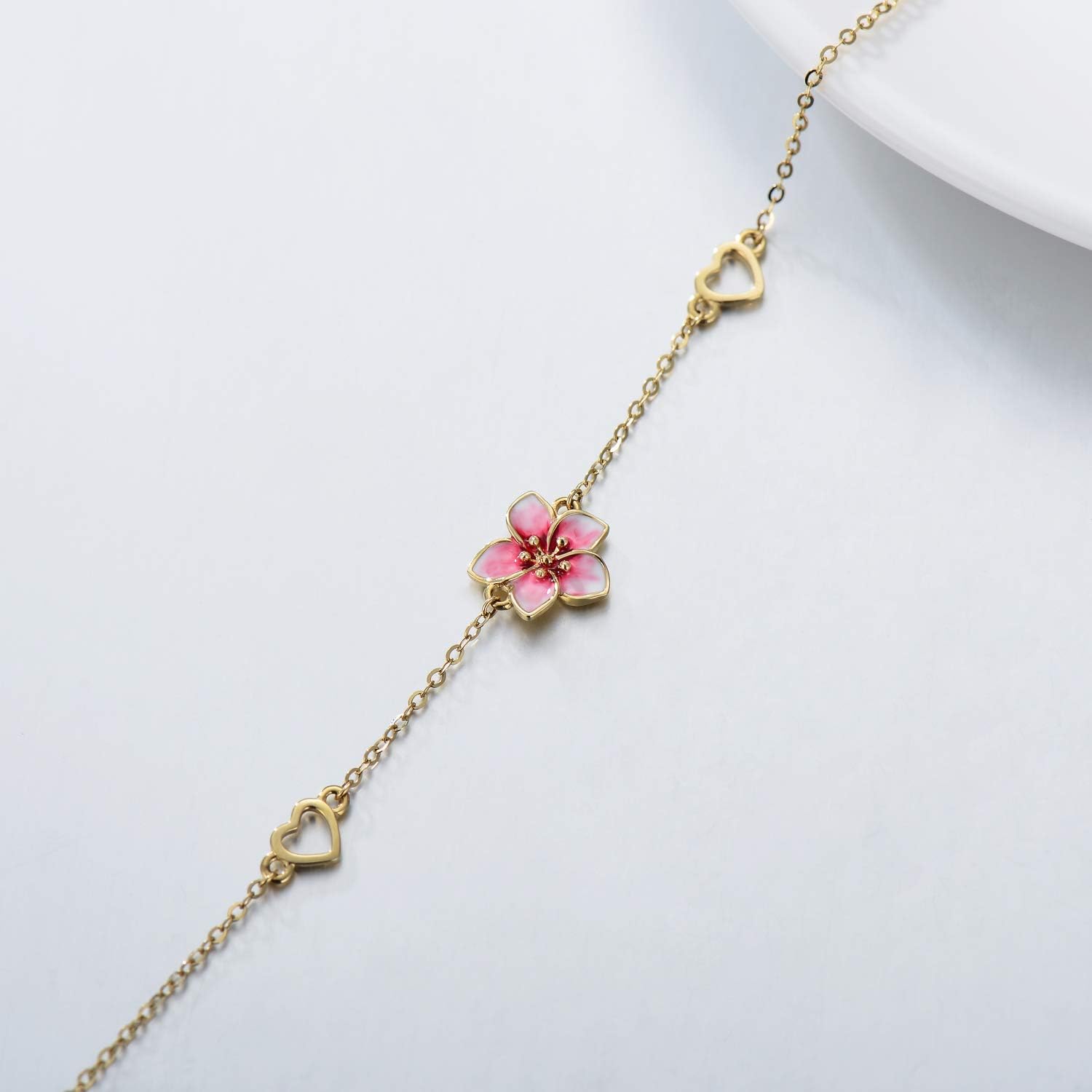 14K Solid Gold Cherry Blossoms Bracelet for Women,Yellow Gold Exquisite Heart Flower Anklet Bracelets,Anniversary Birthday Jewelry Gifts for Wife Girlfriend 6.5''+1''+1''