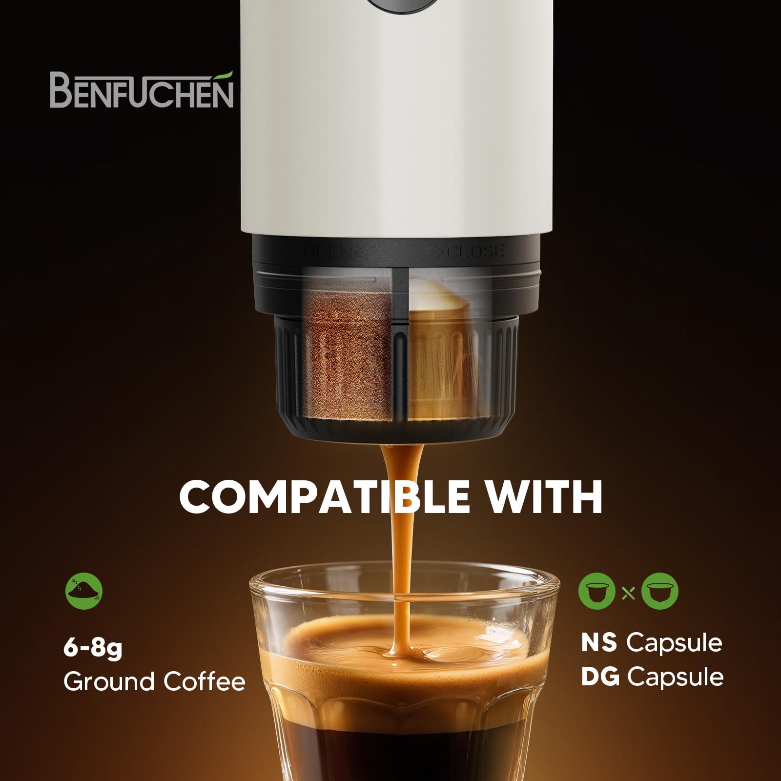 Machine à expresso portable 3 en 1 20 bars avec chauffage automatique, compatible avec capsules NS et DG et café moulu pour le camping, la randonnée, les voyages et la maison (blanc)