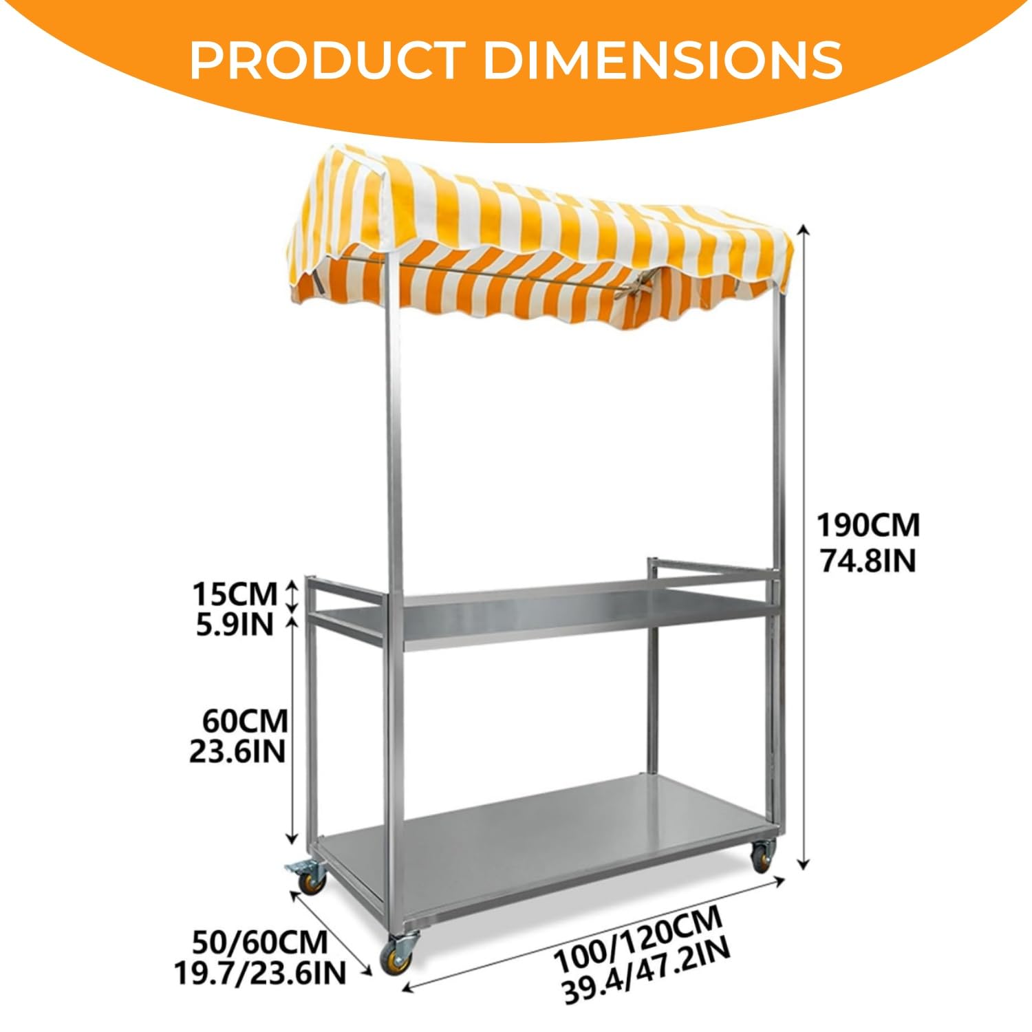 Mobiler Verkaufsstand aus Edelstahl, zusammenklappbarer Verkaufswagen mit Überdachung & Rädern – Kiosk-Trolley für Straßen, Parks, Hochzeiten & Jahrmärkte,Gelb,120cm