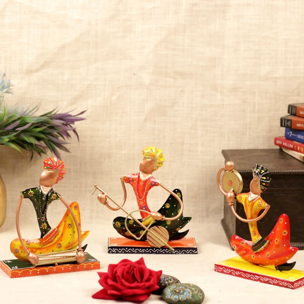 Iron Rajasthani Musicians Item Showpiece - Decorative Items for Home Painted Sitting Musical W/Stand S-3