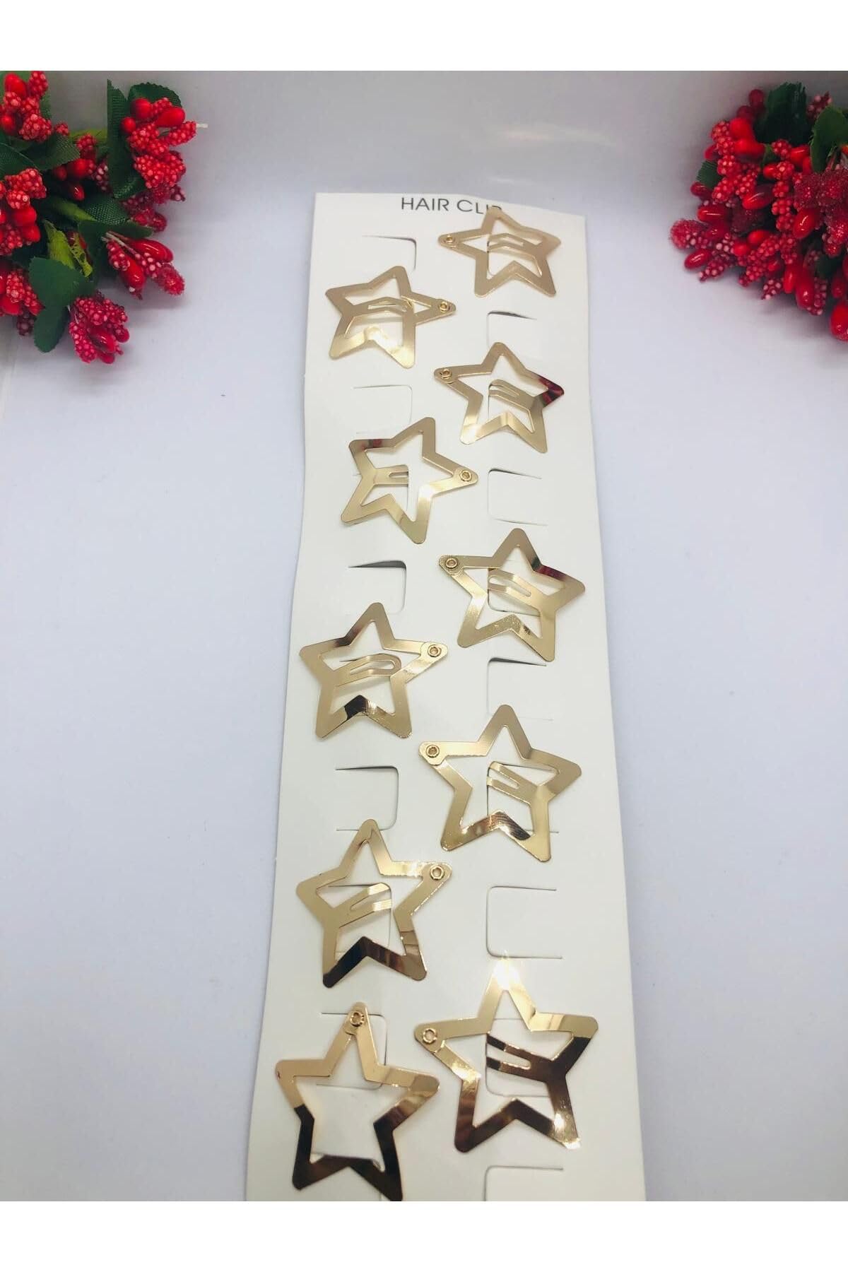 Gold Rengi Çok Şık Yıldızlı Çıtçıtlı Saç Tokası 10'lu (3cm) Gold Tek Ebat