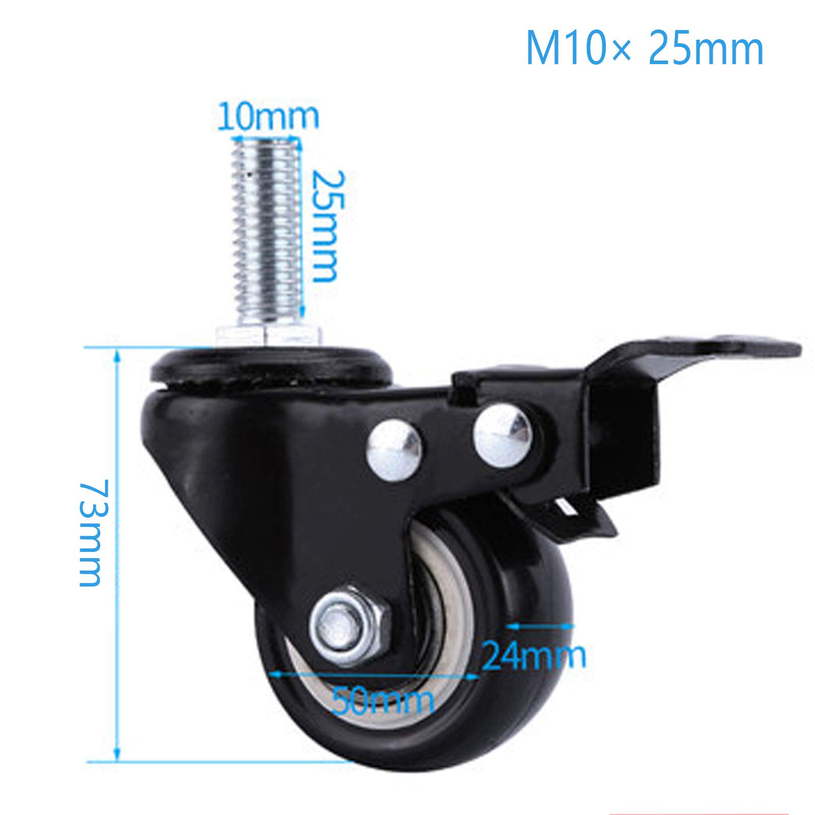 Koła jezdne, Koła o dużej wytrzymałości, 4 sztuki z gwintowanym trzpieniem M8/10 x 25 mm, nośność 140 kg, hamulcami, obrotowy trzpień koła, odporne na zużycie, do małych urządzeń, 2 cale(M10)
