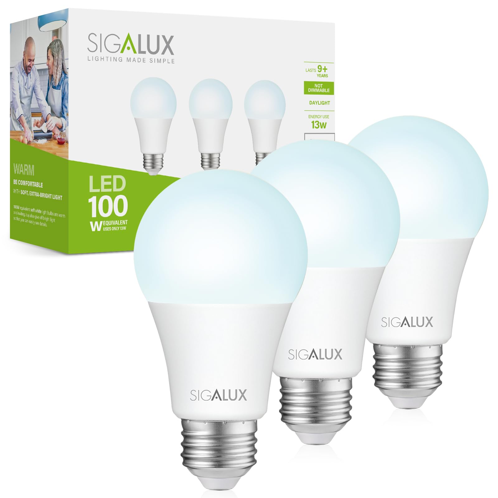 Sigalux Light Bulbs 100 Watt Equivalent LED Bulbs, A19 Daylight 3-Pack