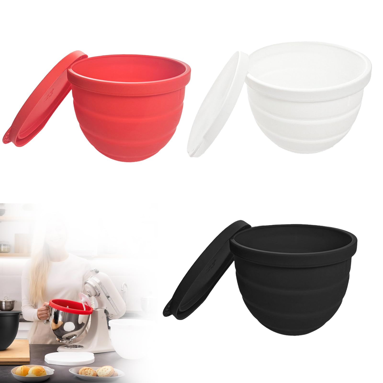 Silicone Liners for KitchenAid 5 Qt Tilt-Head Stand Mixer, Odourless,Thicker, Cold/Heat-Resistant &amp; Non-Stick, Easy Clean, Fits 5 Quart Mixing Bowl, with Lids (1, Red+White+Black)