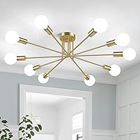 Vista 13 de Lámpara Moderna de Techo Sputnik de 6 Luces, Lámpara Industrial de Techo de 22" de Oro con Montaje Semiempotrado, Lámpara de Techo con Base E26
