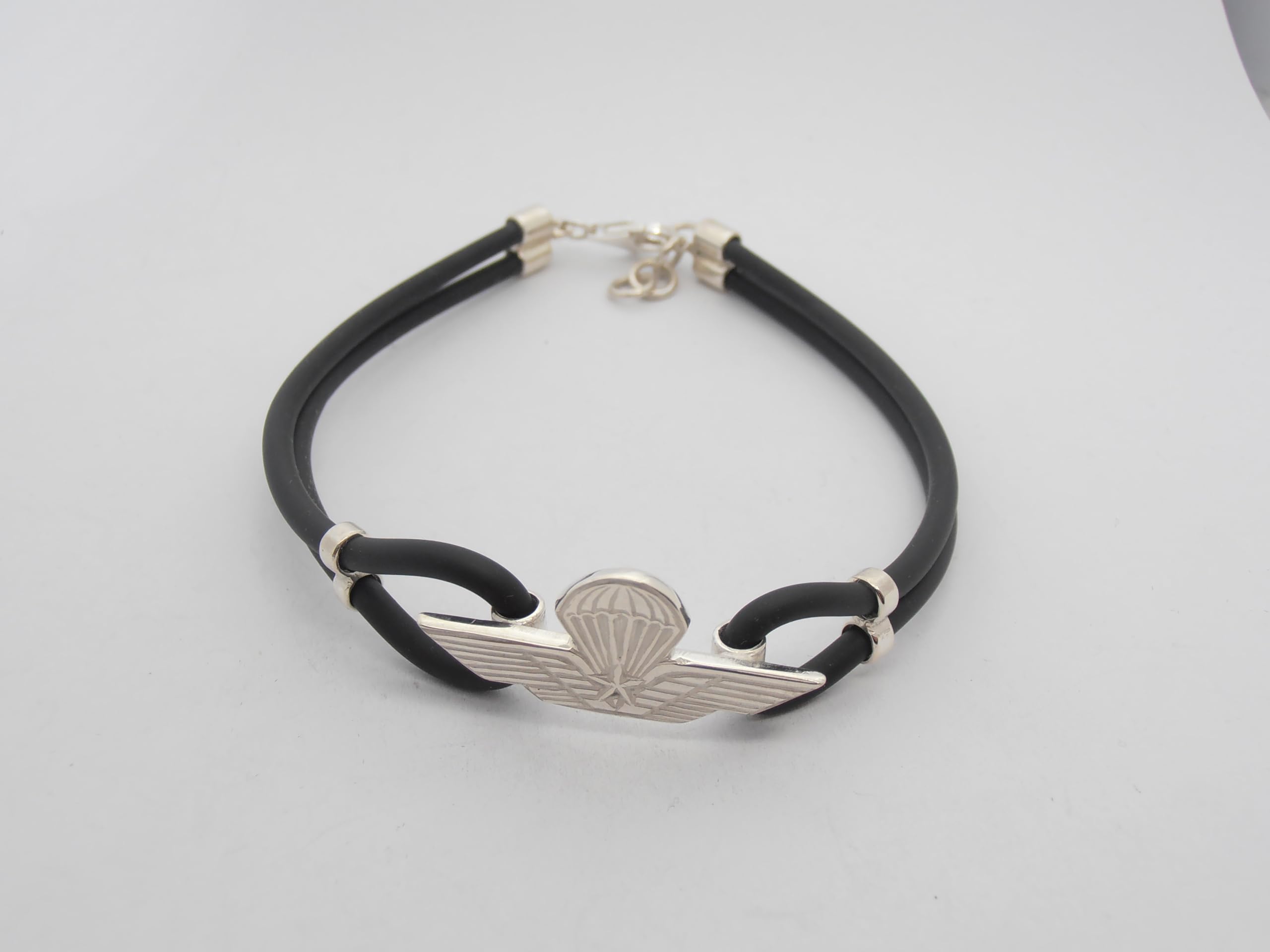 Paracadutisti : Braccialetto in Argento 925 e Caucciù - Bracciale con Simbolo dei Parà - Brevetto - Fregio - Stemma -