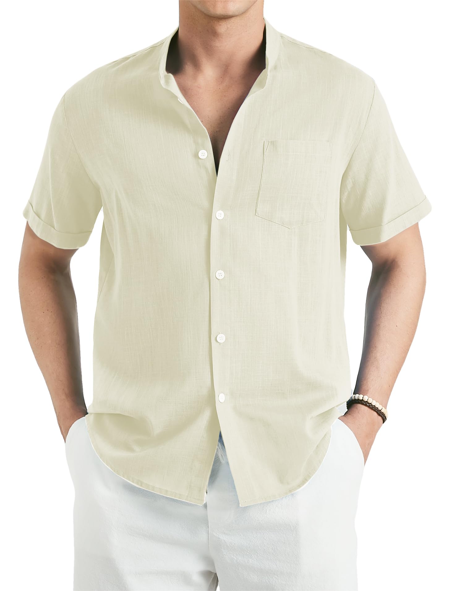 Enlision Camisa de Lino Manga Corta Camisa para Hombre Informales Sin Cuello Verano Henley Camisas Coton de Color Sólido con Botónes Bolsillo Playa Boda S-4XL