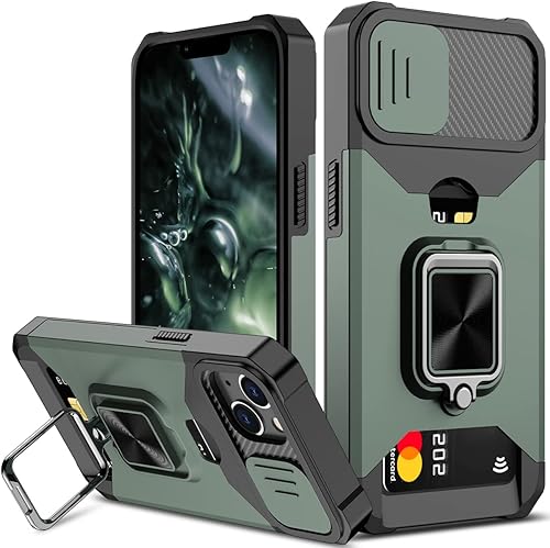 Nvollnoe Funda para iPhone 14 Plus con cubierta deslizante para cámara y tarjetero resistente funda protectora para iPhone 14 Plus con anillo