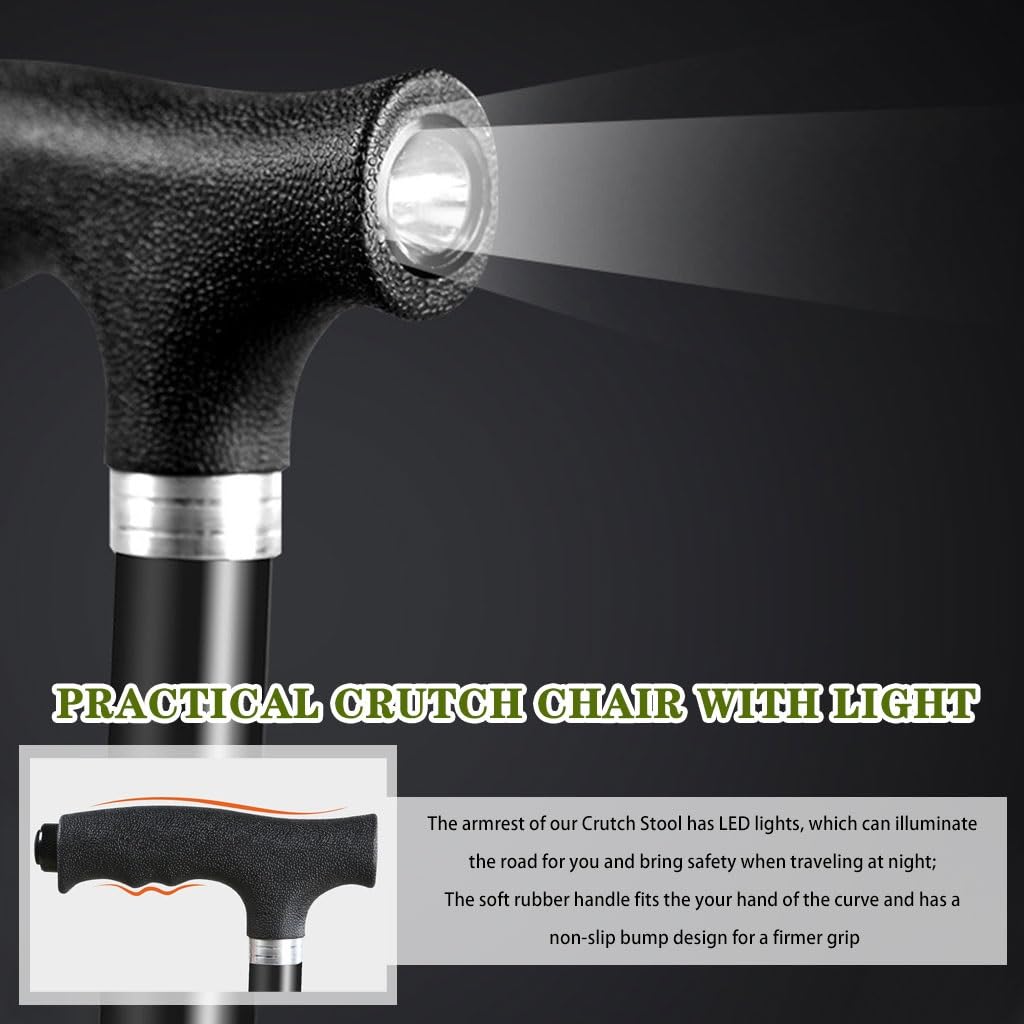 Bastón Taburete De Caña Duradero De Aleación De Aluminio, Bastón Ajustable En Altura De 5 Niveles, Muletas con Asiento Resistente con Luz LED, para Senderismo, Excursiones(Red Color)