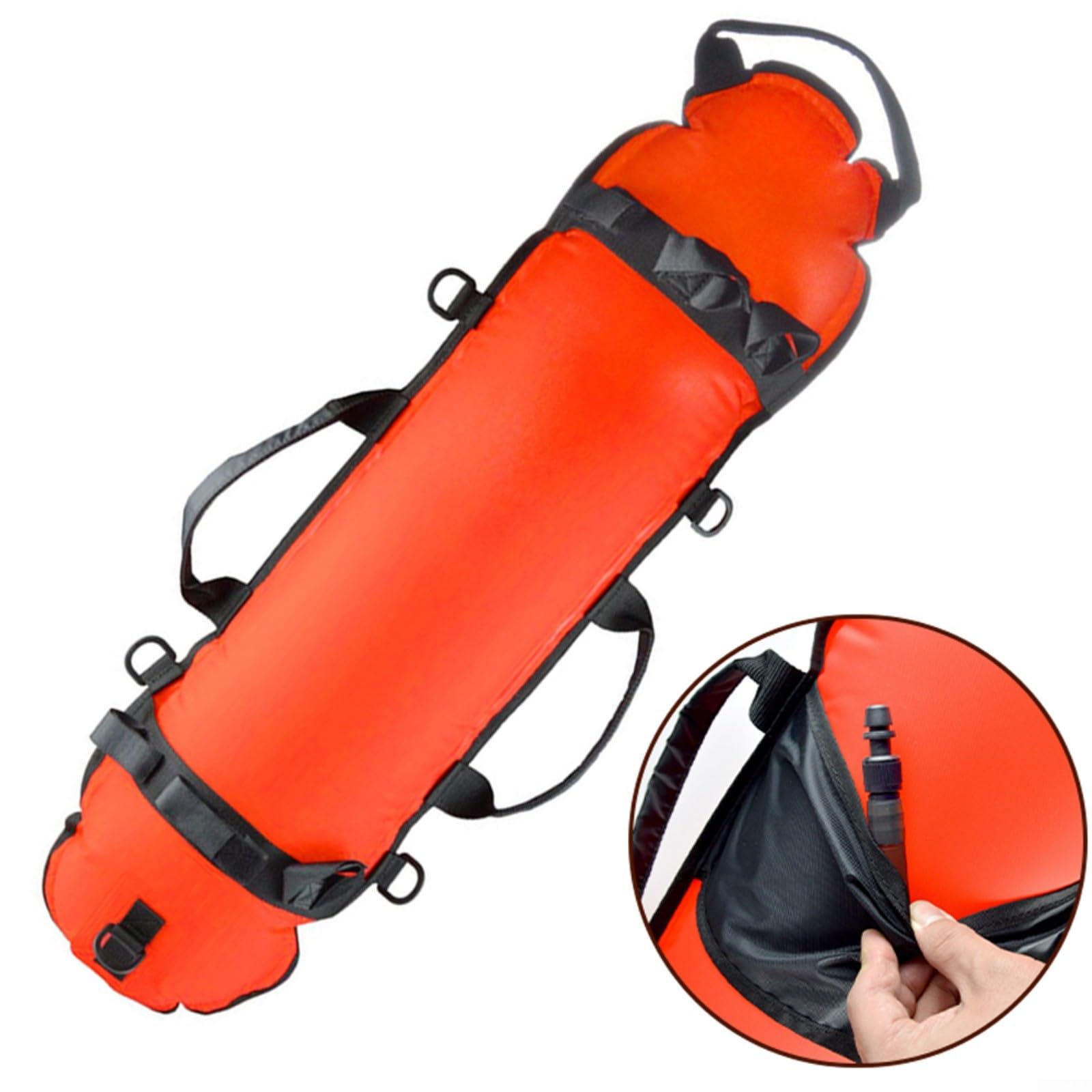 Boya de buceo de color naranja con bandera de buceo, 35 kg de flotabilidad, adecuada para pesca submarina, snorkel y caza, de nailon TPU 210D con 5 anillas en D y cuerda de 20 m