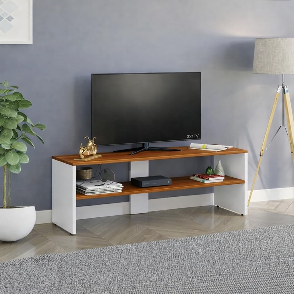Modern TV Unit with Teak Finish and White Body, Engineered Wood Entertainment Center with Open Shelves for 32-55 Inch TVs-image-47