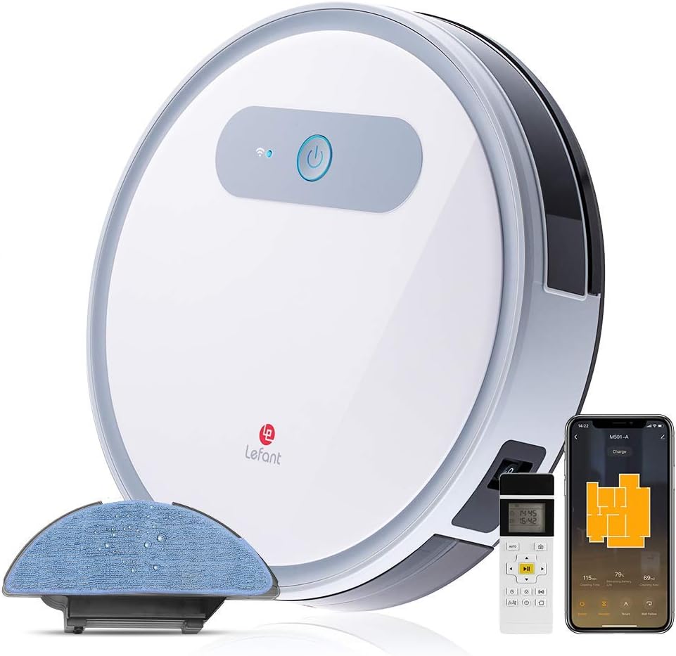Lefant Robot Vacuum Cleaner Mop, WIFI & Alexa Auto Robotic Vacuums Cleaner, Anti-Stuck Free Move Technology, Self-Charging, Super Quiet & Slim, 2000Pa, for Pet Hair, Hard Floor and Carpets, M501-A