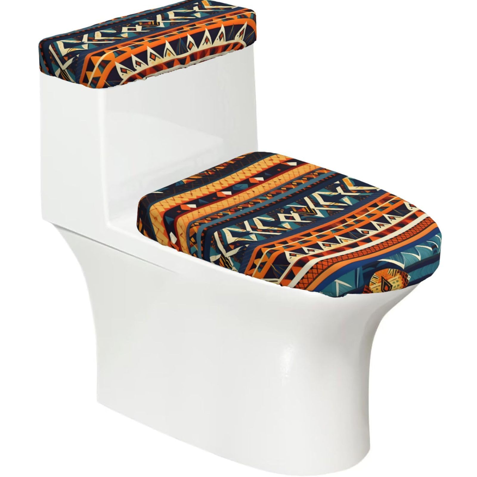 African National Patterns Printed Toilet Tank and Lid Cover Set of 2 for Most Bathrooms, Fits Elongated Round Toilets
