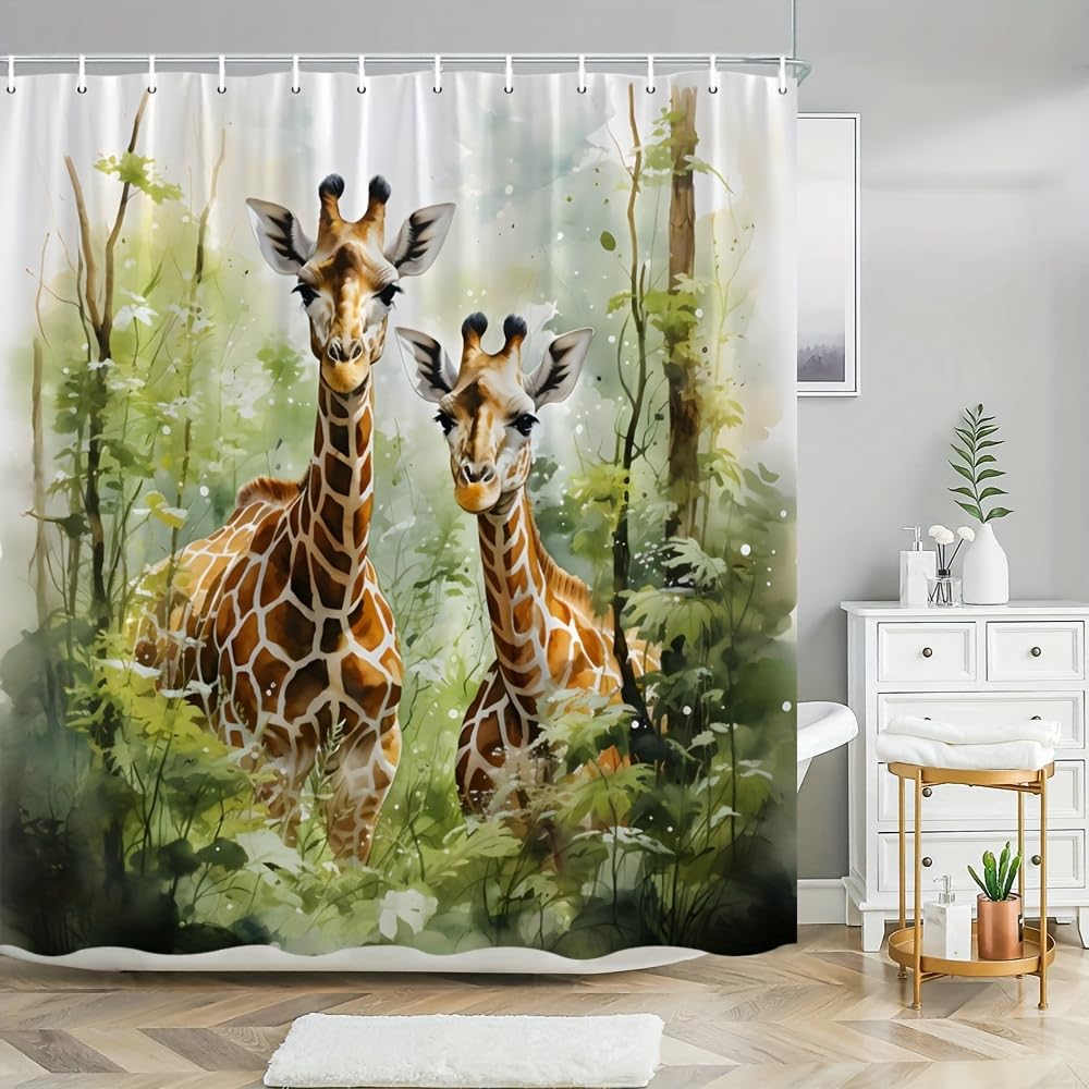 GLKSDLPO 3D Watercolor Giraffe in Forest Waterproof Shower Curtain for Kids Bathroom Decor with Nature Theme and Artistic Design(110x200cm/43x79in(WxH))