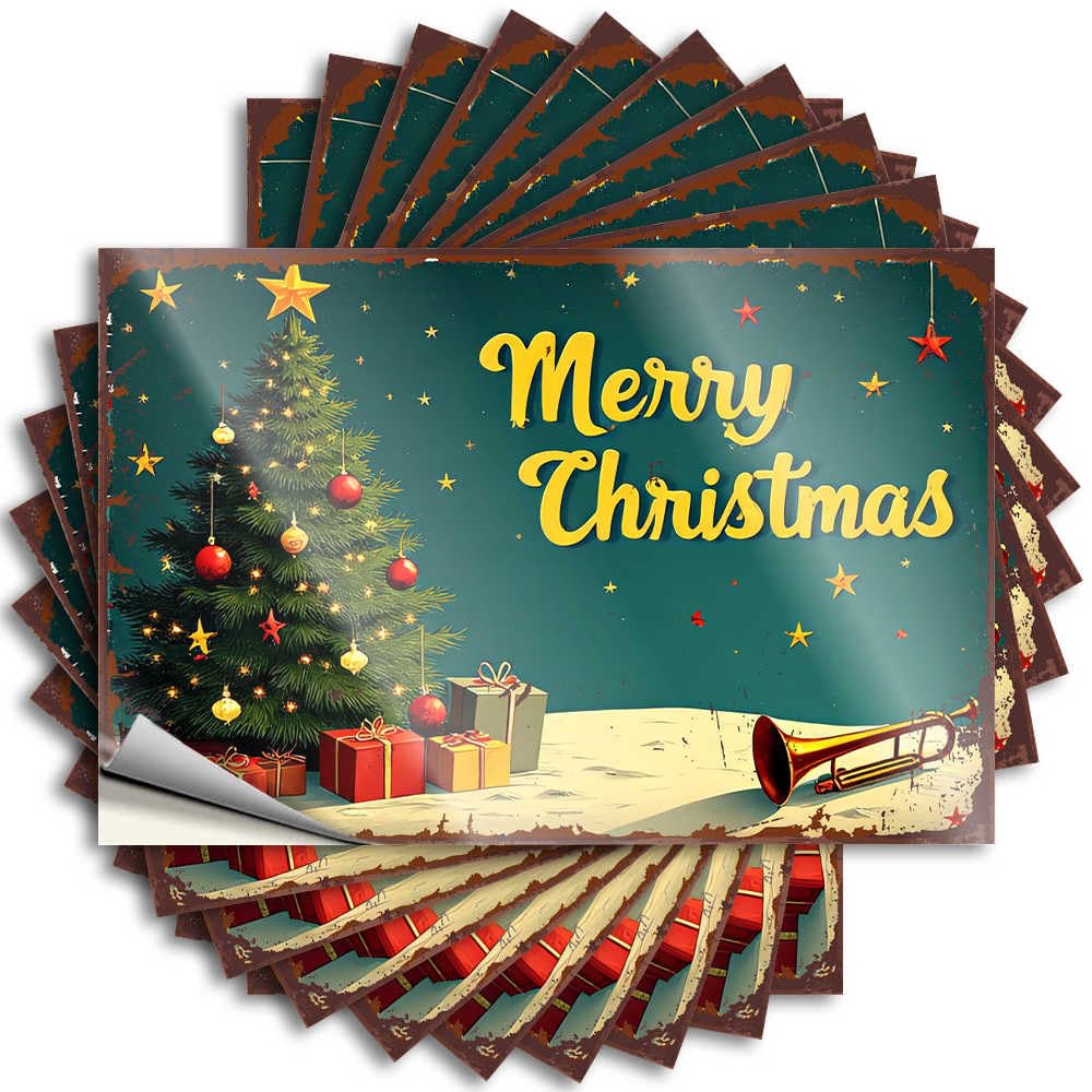 Sticker Autumn, Birthday Bumper Merry Christmas: Festive Tree with Trumpet and Presents | Restroom Decor(6X9CM)